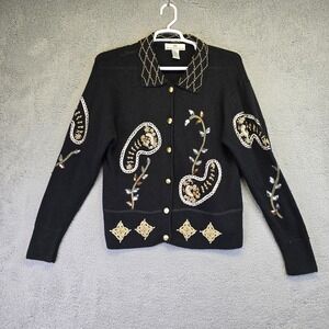 Brittany‎ Leigh Silk Cardigan Womens Medium Angora Black Beaded Art To Wear